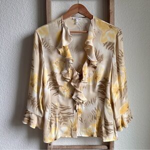 Escada Silk Blouse Ruffle Collar Abstract Floral Print Vintage Blouse sz: EU 40